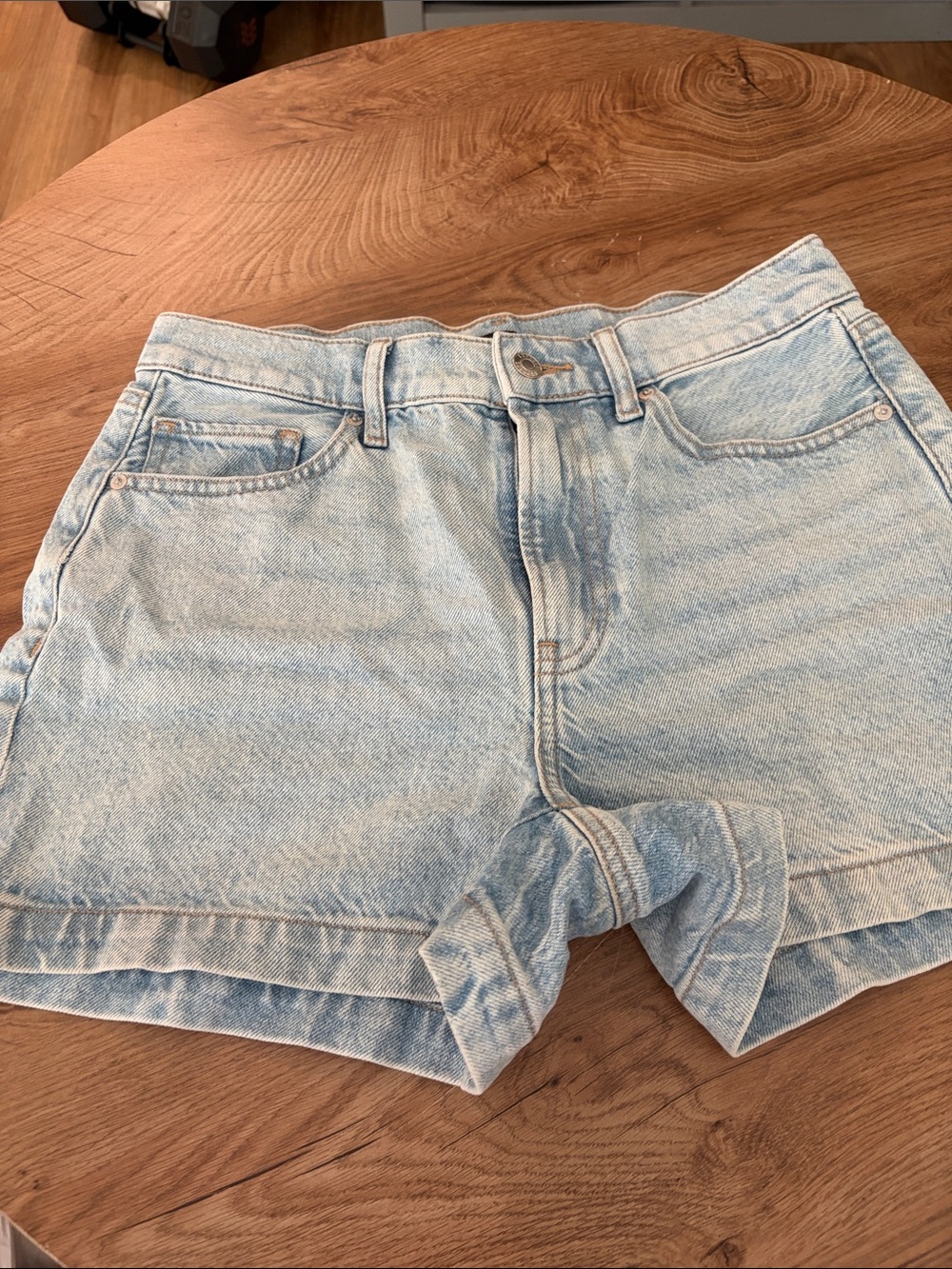 Express Light Blue Denim High-Rise Mom Jean Shorts